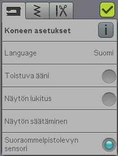 SET-VALIKKO SET-valikossa voit tehtä säätöjä koneen asetuksiin sekä ommel- ja ompeluasetuksiin. Aktivoi toiminto painamalla sen kuvaketta tai avaa luettelo eri vaihtoehdoista.