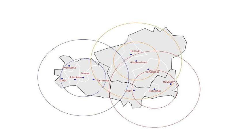 Kanta-Hämeen maakunta, seutukunnat ja välimatkat (sisemmät ringit 20 km, uloimmat 40 km) Hämeenlinnan