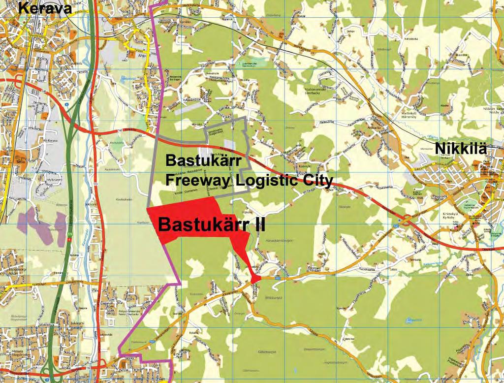 Suunnittelualue Suunni elualueen kokonaispinta-ala on noin 116 hehtaaria. Alue sijaitsee Sipoon Mar nkylässä, Keravan rajan tuntumassa Bastukärr Freeway Logis c City-työpaikka-alueen eteläpuolella.