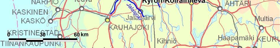 Vaasan Veden vedenottamo Kyrönjoella sekä Karvasuon ja Kyrön-Koirainnevan turvetuotantohankkeet Seinäjoella ja Jalasjoella. (Pohjakartta MML 20
