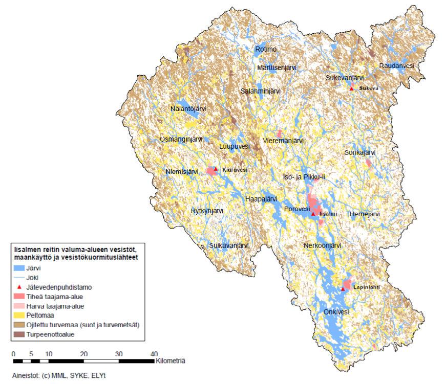 Vesien tilaan vaikuttavat tekijät Iisalmen reitillä Maanviljely (39) Sisäkuormitus (33) Haja-asutuksen jätevedet (14) Metsätalous (11) Jätevedenpuhdistamot, turvetuotanto tai