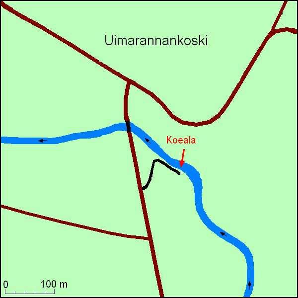 8 3.2 Uimarannankoski Uimarannankoski on seuraava koskipaikka Holminkoskesta n. 1,5 kilometriä ylävirtaan (Kuva 4).