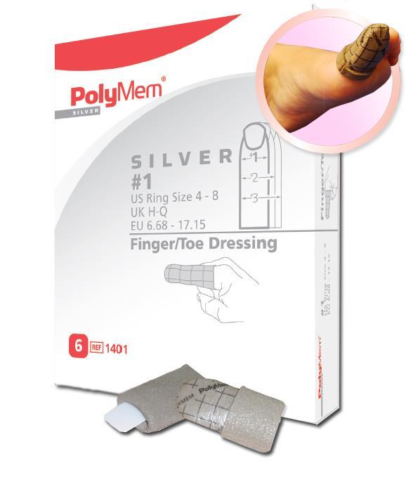 Vaahtosidos, hopea, muotoiltu, ei kiinnittyvä, steriili Polymem Silver, varvassidos (Steripolar Oy) sisältää nanokristallihopeaa päällä hengittävä suojakalvo antimikrobinen tulehtuneiden varvas/sormi