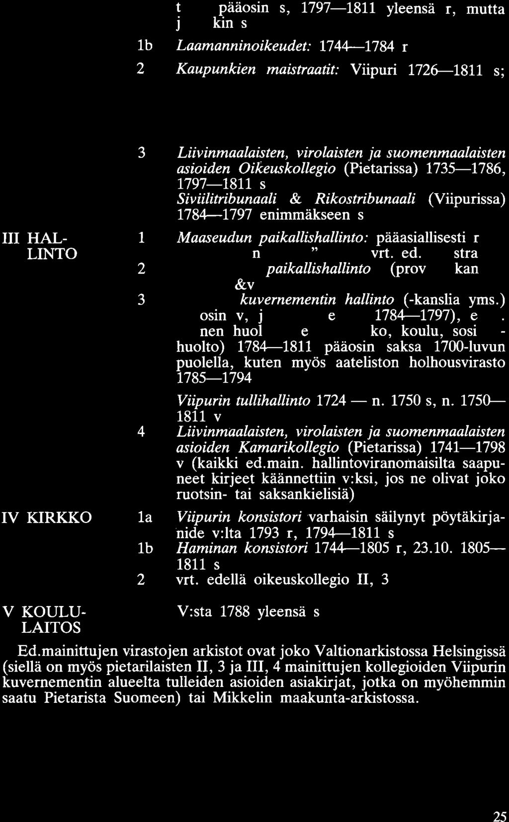 111 HAL- LINTO IV KIRKKO lb tyinä paaosm s, 1797-1811 yleensä r, mutta joissakin s Laamanninoikeudet: 1744-1784 r 2 Kaupunkien maistraatit: Viipuri 1726---1811 s; Hamina 1743---1790 r, 1791-1811 s;