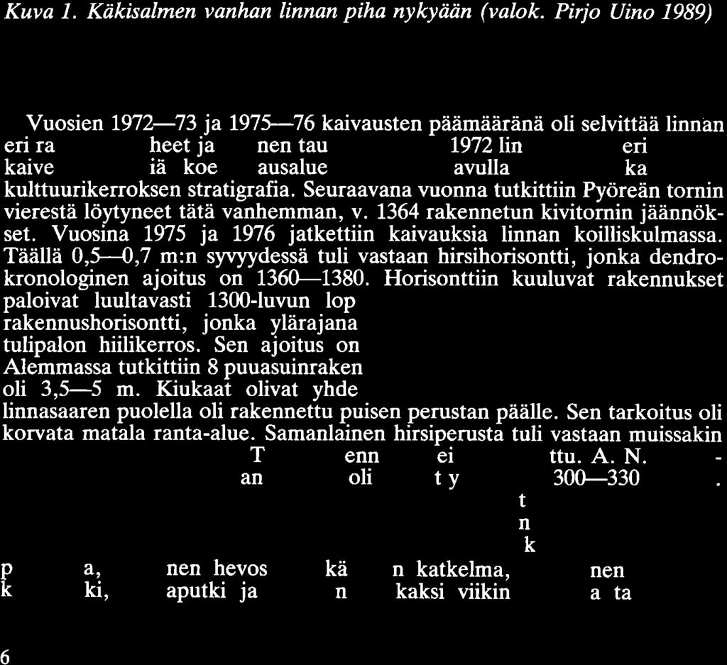 Kuva 1. Käkisalmen vanhan linnan piha nykyään (valok. Pirjo Uino 1989). Vuosien 1972-73 ja 1975-76 kaivausten päämääränä oli selvittää linnan eri rakennusvaiheet ja etninen tausta.