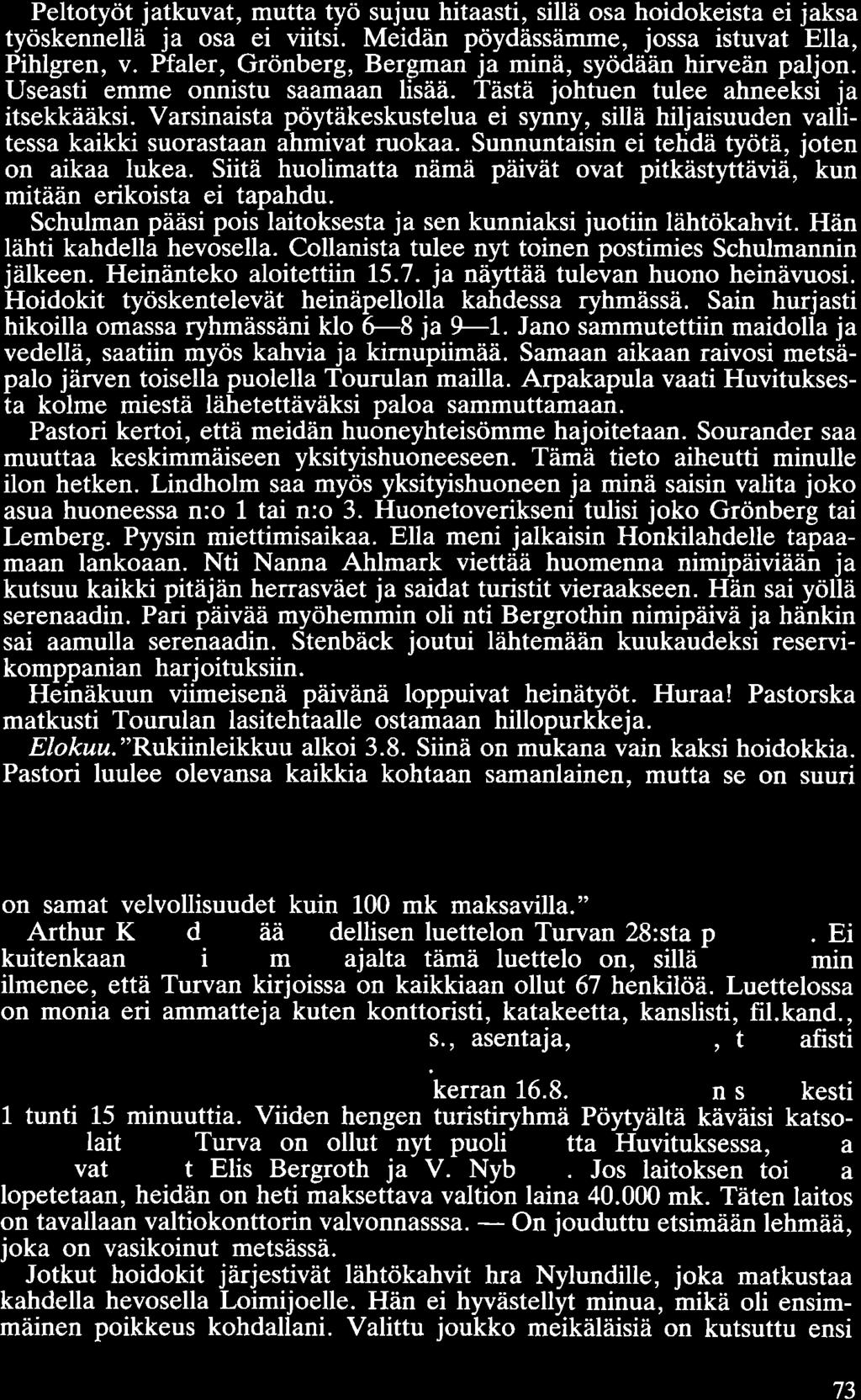 Peltotyöt jatkuvat, mutta työ sujuu hitaasti, sillä osa hoidokeista ei jaksa työskennellä ja osa ei viitsi. Meidän pöydässämme, jossa istuvat Ella, Pihlgren, v.