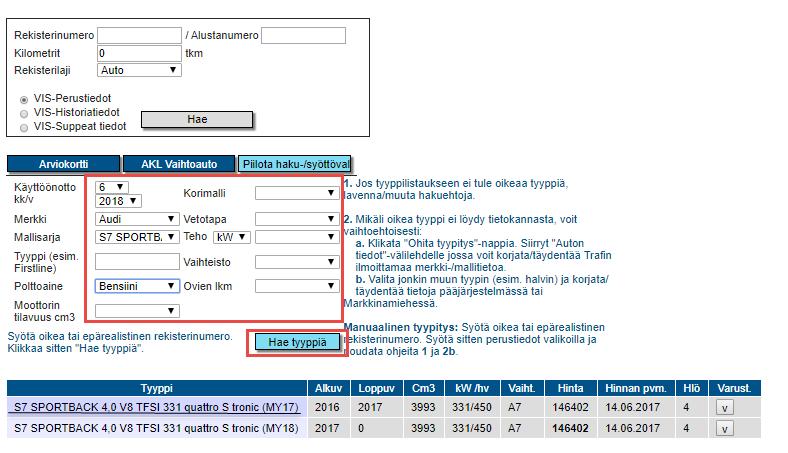 Kuva 8 Valitse ajoneuvon tarkka tyyppi painamalla kohdasta hae