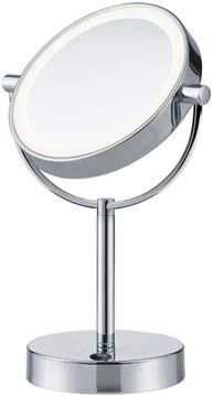 Ett rent vitt ljus som mjukt lyser upp, löper runt spegelglasets kant. Den 180 mm runda spegeldelen kan vridas runt sin axel till en lämplig position.
