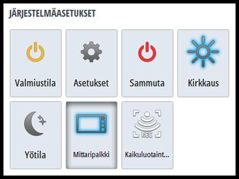 Yötila Yötilan voi ottaa käyttöön tai poistaa käytöstä Järjestelmäasetuksetvalintaikkunassa. Yötila-asetuksella väripaletti mukautetaan olosuhteisiin, joissa valoa on vähän.