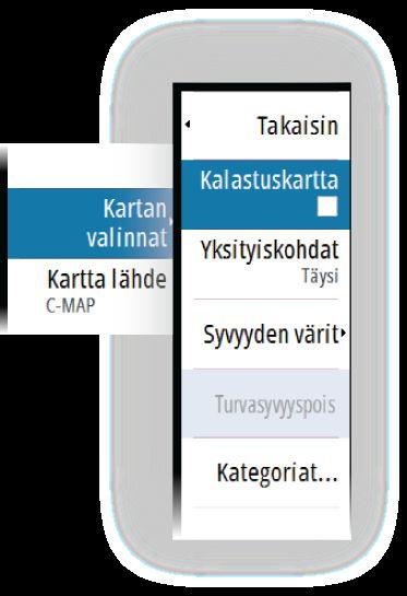 C-MAP-kohtaiset kartta-asetukset Kartan tiedot Täysi Näyttää kaikki käytössä olevan kartan saatavilla olevat tiedot. Keski Näyttää navigointiin tarvittavat vähimmäistiedot.