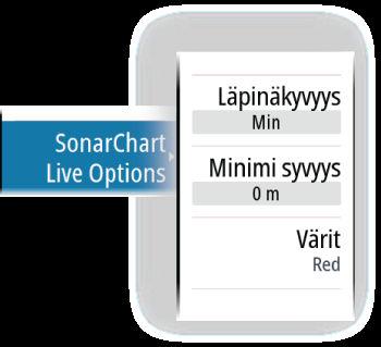 Kun valitset SonarChart Live -kerroksen, valikko laajenee näyttämään SonarChart Live -asetukset. Läpinäkyvyys SonarChart Live -tietokerros piirretään muiden karttatietojen päälle.