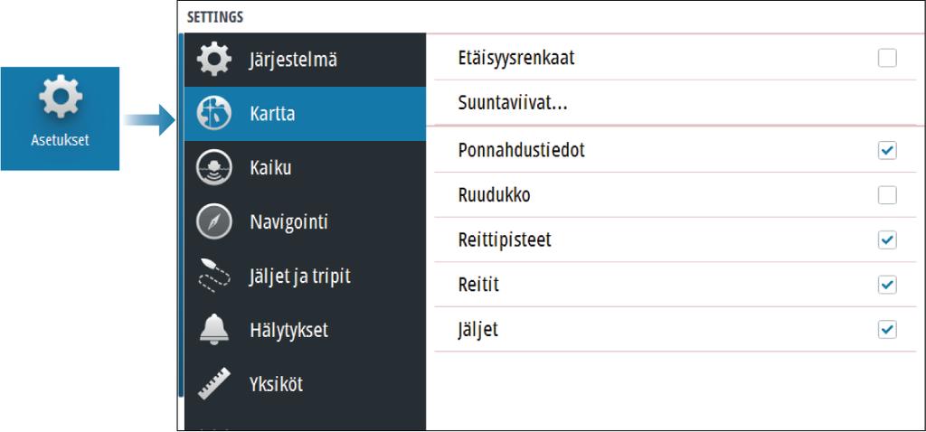 Ú Huomautus: Sisäänrakennettu Navionics-tietokanta sisältää tietoja 20 metrin syvyyteen saakka, jonka jälkeen kaikki on