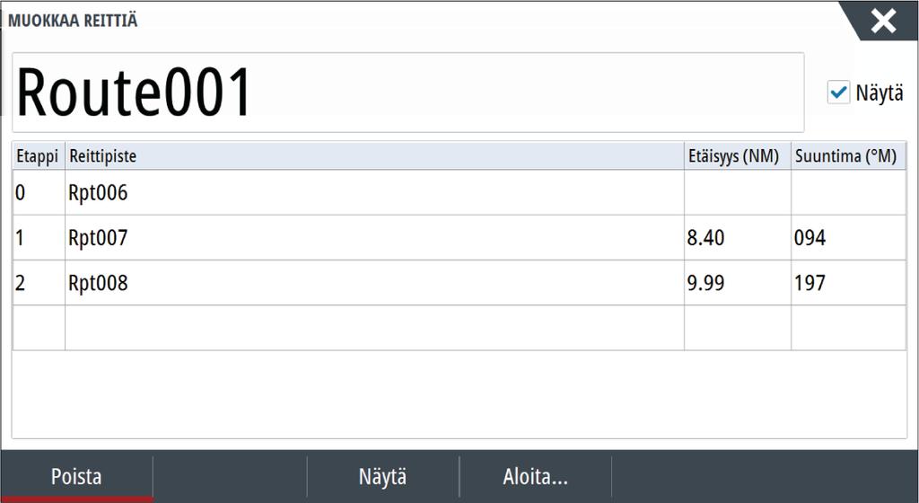 Valintaikkuna voidaan avata myös käyttämällä Reittipisteet-työkalua Koti-sivulla. Valitse Näytä, jos haluat näyttää reitin kartalla.