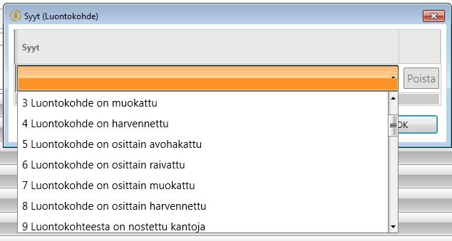 27 (66) Jos kohde on muuttunut, annetaan syykoodi: Metsälain 10 :n elinympäristö on mainittu metsänkäyttöilmoituksessa.