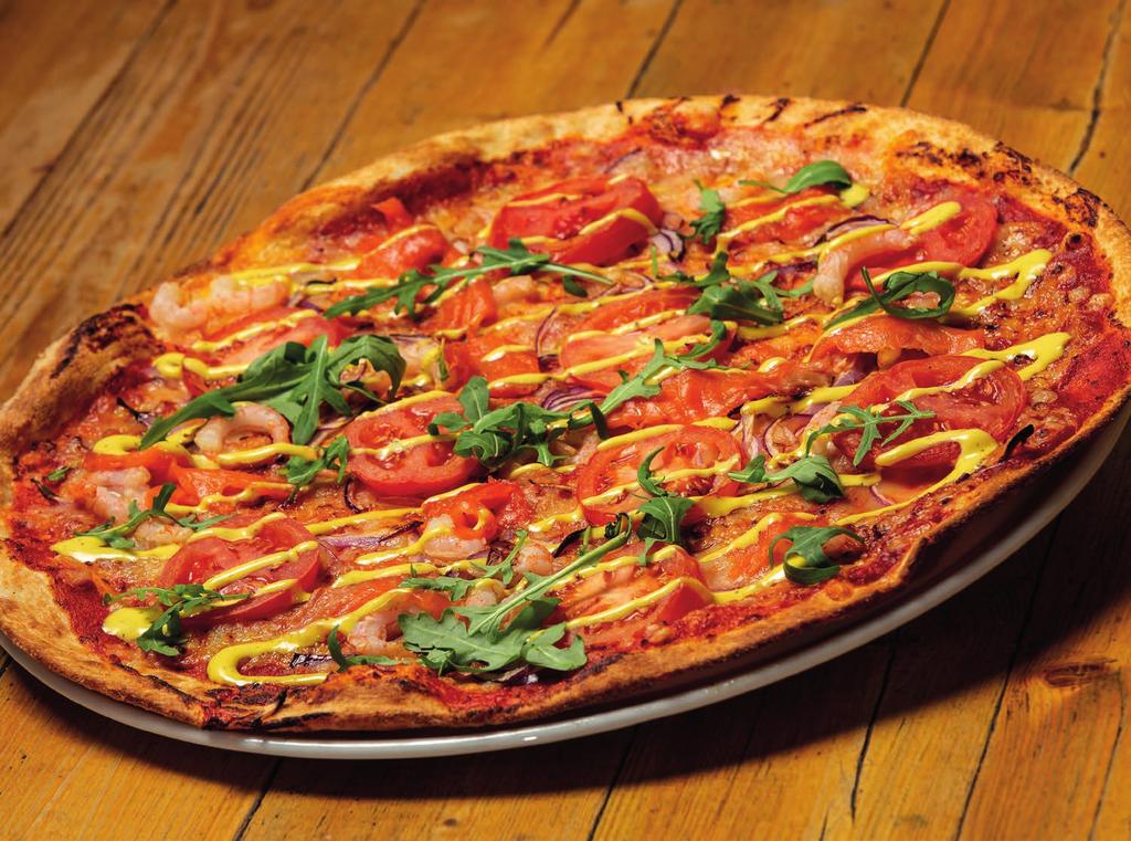 SEAFOOD Pizzan saa myös täysin vegaanisena Täytteet Ananas Artisokka Aurajuusto Aurinkokuivattu tomaatti Avokado Cheddarjuusto Chorizo-makkara Fetajuusto Halloumijuusto Ilmakuivattu kinkku Jalapeno
