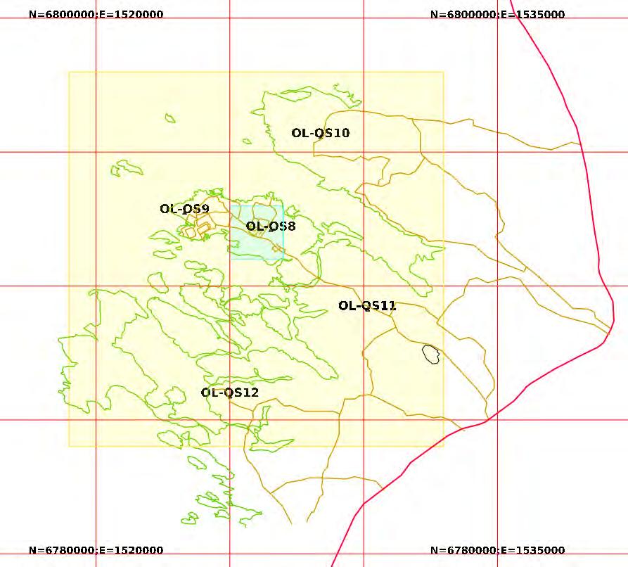 11 Figure 2-2. Seismic stations for monitoring semi-regional seismicity (OL-OS8 OL-OS12). The seismic semi-regional area is marked with yellow and the seismic ONKALO block with light blue color.