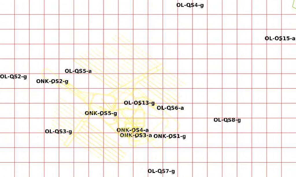 13 Figure 2-3. Seismic stations (14) inside the seismic ONKALO block. Up: view from above, the distance between the grid lines is 100 m.