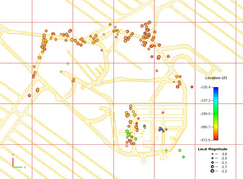 31 Figure 3-6. Microearthquakes (166) inside the seismic ONKALO block in 2018. Events are coloured by depth.