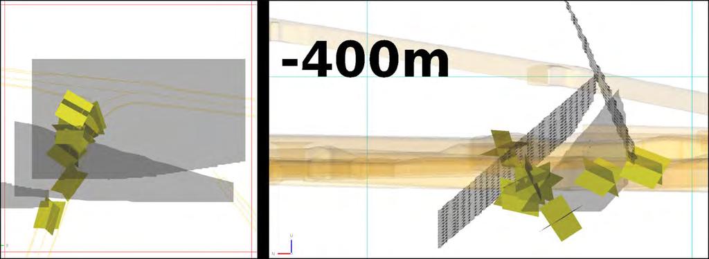 35 Figure 3-12. Two alternative nodal planes of the microearthquakes in the vicinity of vehicle connection 17 with large fractures LF50, LF51, and LF52. Distance between the gridlines is 100 m. 3.1.2.2 Microearthquakes and the Olkiluoto fault zone model The observed induced microearthquakes allow the improvement and verification of the Olkiluoto fault zone model.