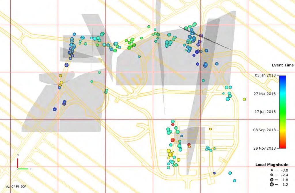 49 Figure 3-26. Microearthquakes (166) in 2018 with possibly related large fractures LF20, LF34, LF41, LF42, LF46, LF47, LF48, LF49, LF50, LF52, and LF53. View from above.
