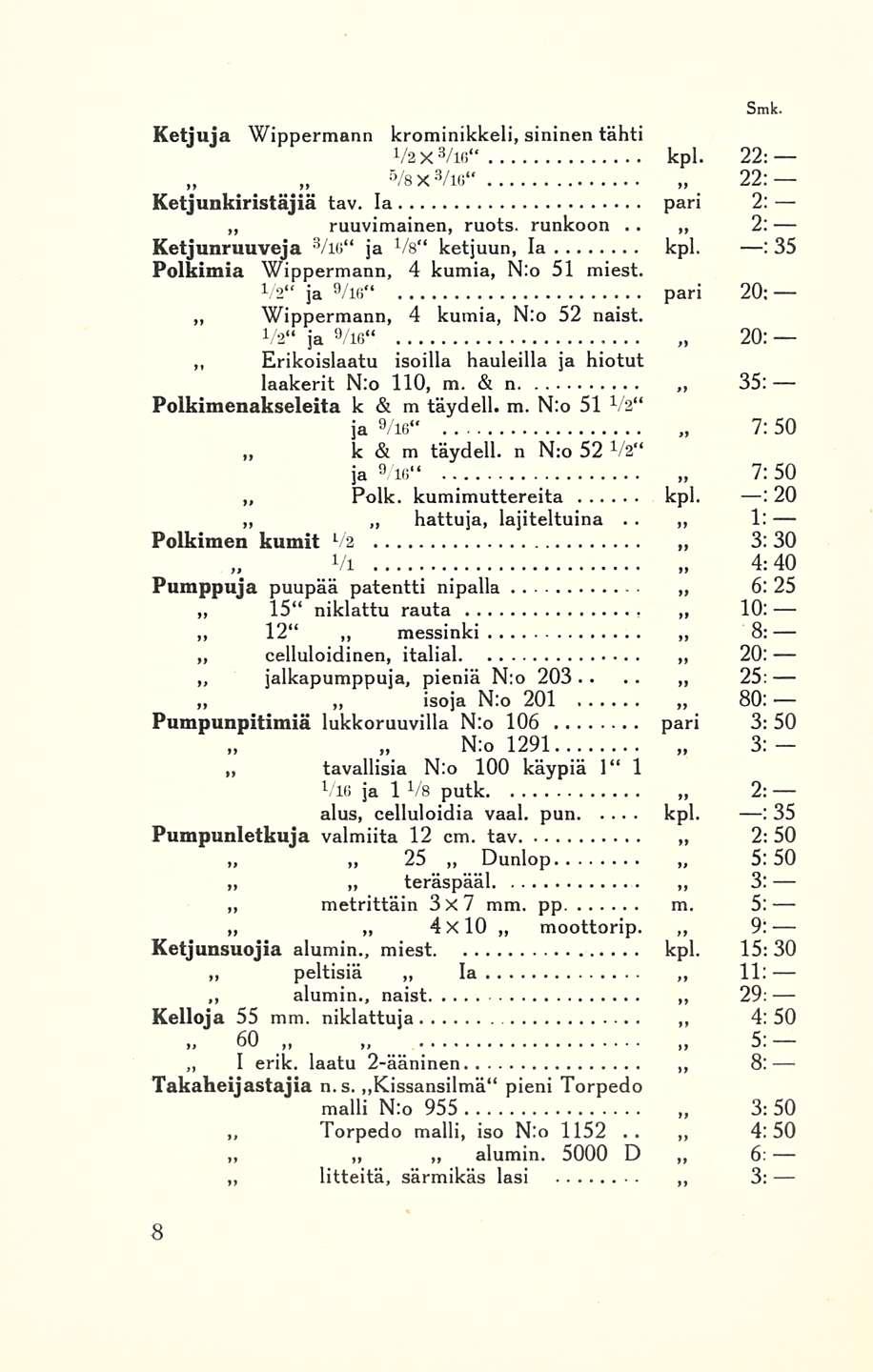 I 12 peltisiä ruuvimainen, 1/1 4: Ketjuja Wippermann krominikkeli, sininen tähti 1/2x3/16 kpl 22; 6/Bx 3 /i6 22: Ketjunkiristäjiä tav Ia pari 2: ruots runkoon 2: Ketjunruuveja 3 /i6 ja Vs" ketjuun,