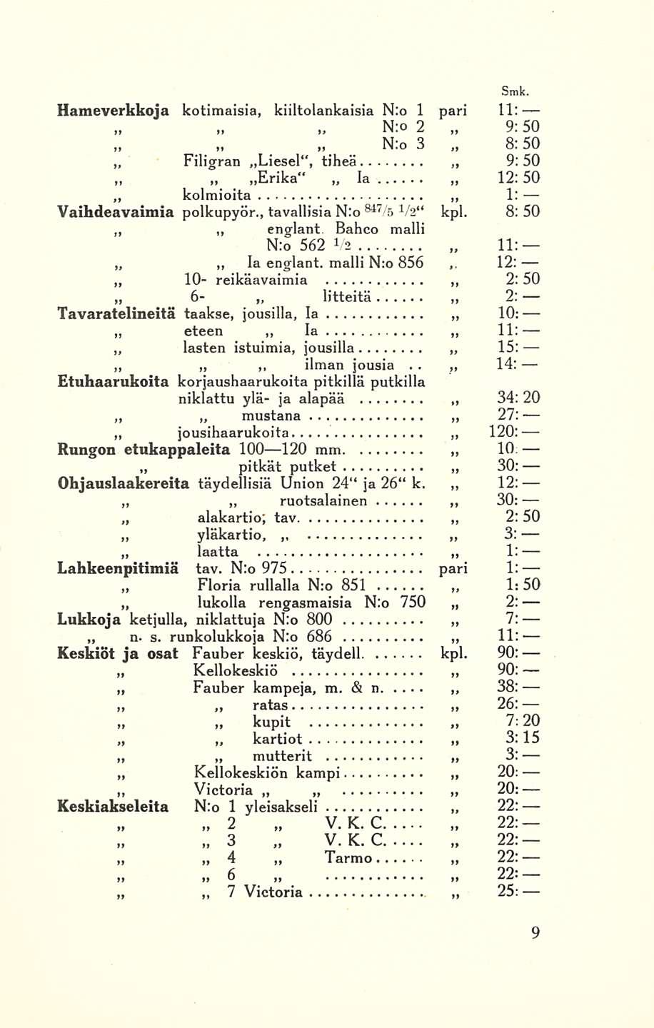 7 V Hameverkkoja kotimaisia, kiiltolankaisia N:o 1 pari 11: N;o 2 9:50 N:o 3 8:50 Filigran Liesel, tiheä 9:50 Erika Ia 12:50 kolmioita 1: Vaihdeavaimia polkupyör, tavallisia N:o M7/b 1 /2 kpl 8: 50