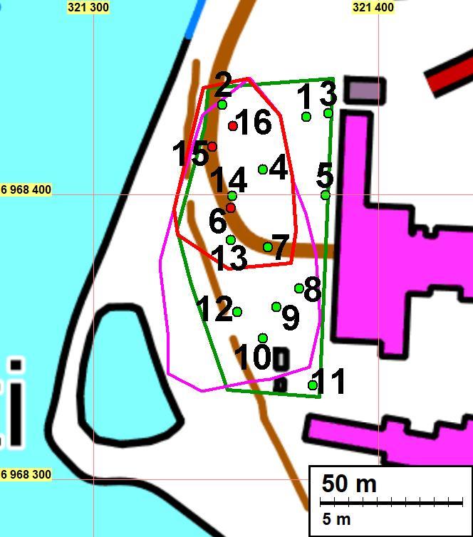 Arkeologisen tarkkuusinventoinnin alue on merkattu vihreällä viivalla, kiinteän