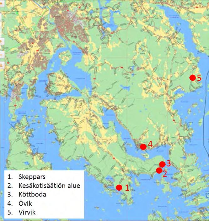 Kuva 15. Alustavassa vertailussa mukana olleet sijaintivaihtoehdot Perinteisenä leirikeskuksena aikoinaan toiminut Fagerstassa sijaitseva Lapparbäckin alue jätettiin pois vertailusta.