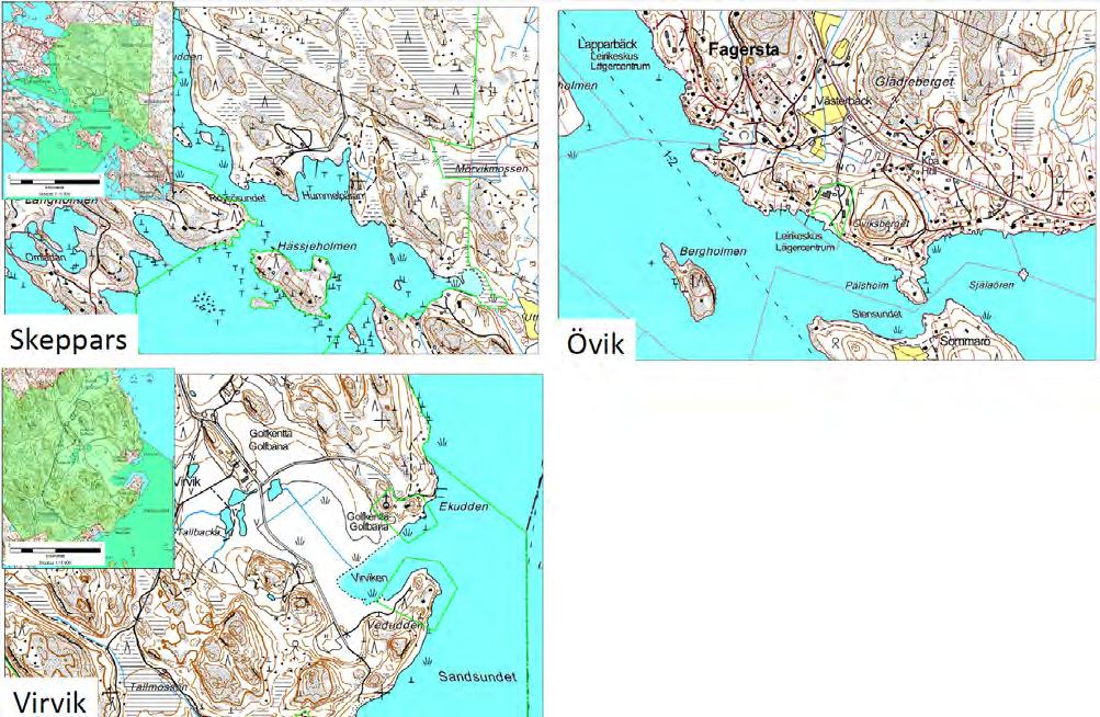 Kuva 16. Lopullisessa vertailussa mukana olevat alueet, Skeppars, Övik ja Virvik Suunnitellun leiri- ja kurssikeskuksen kokoluokan vaihtoehtoina otettiin tarkasteluun sivistyslautakunnan 31.5.