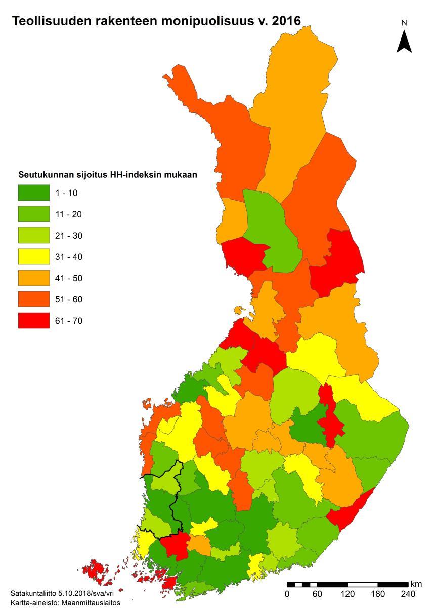 Vihreällä monipuolisimman teollisuuden rakenteen (TOL C) seutukunnat, punaisella heikoimmat (v.