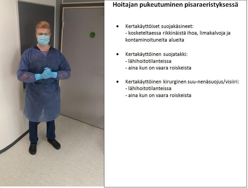 32 KUVA 8. Hoitajan pukeutuminen pisaraeristyksessä 3.2.3 Ilmaeristys Ilmatartunnassa mikrobipartikkelit kulkeutuvat pienissä pisaroissa, pölyhiukkasissa tai ihohilseessä ilmavirtojen mukana ja päätyvät lopulta toisten ihmisten hengitysteihin.