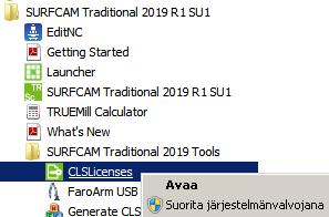 ASENNUSOHJE sivu 4 SURFCAM CLS salasanan asennus Kun olet saanut SURFCAM CLS salasanan sähköpostilla Rensi Finland Oy:ltä asenna se siinä tietokoneessa jossa käytät SURFCAM 2019 versiota ja jossa