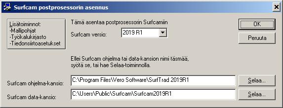 ASENNUSOHJE sivu 5 Postprosessorin päivitys ja asennus Jos sinulla ei ole ollut aikaisempia SURFCAM versioita kuin tämä 2019 tai jos sinulla on jo SURFCAM 2019 version postprosessori mene suoraan