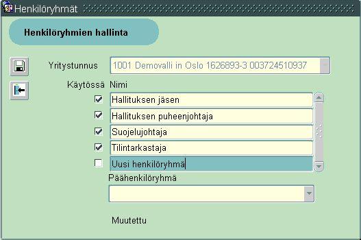 13(19) 3. Tässä näkymässä henkilöryhmiä voi hallita seuraavasti: Uusi henkilöryhmä perustetaan menemällä jonkin henkilöryhmän Nimi -kenttään ja valitsemalla ylävalikosta Tietue > Lisää.