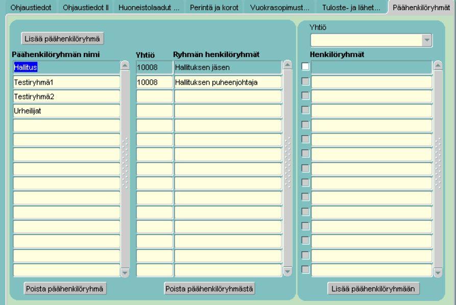 17(19) Päähenkilöryhmien hallinta Päähenkilöryhmien hallinta tapahtuu Yhtiön ohjaustietojen ( Kiinteistöhallinta > Yhtiön ohjaustiedot ) Päähenkilöryhmät -välilehdellä.