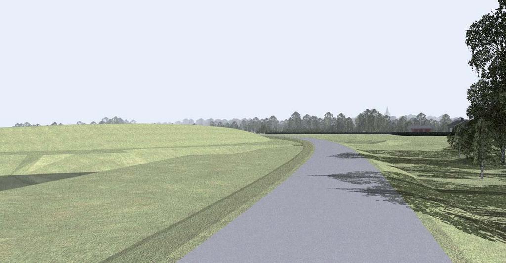 Näköala alueen eteläosasta pyörätietä pitkin kirkontornia kohti. Vasemmalla hulevesikosteikko, Möykkytanhuan reuna oikealla.