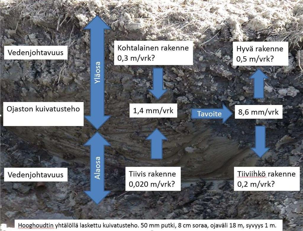 Rakenne määrittää kuivatustehon Tiiviillä lohkoilla nyk salaojituksen kuivatusteho ei ole riittävä (50 % OSMO-koelohkoista).
