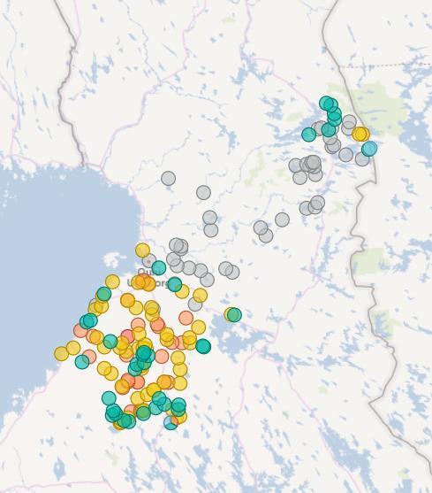 ja loma-asutus - Ympyrä = vesimuodostuma (POP 473 järveä, 168