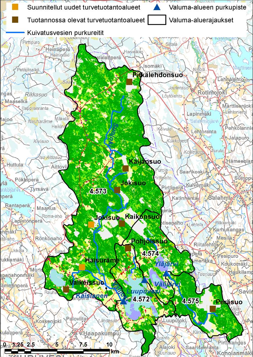 FCG SUUNNITTELU JA TEKNIIKKA OY Raportti 3 (17) Kuva 2-1. Maankäyttö (Corine 2006), turvetuotantoalueet ja kuivatusvesien purkureitit Luupuveden valuma-alueella.