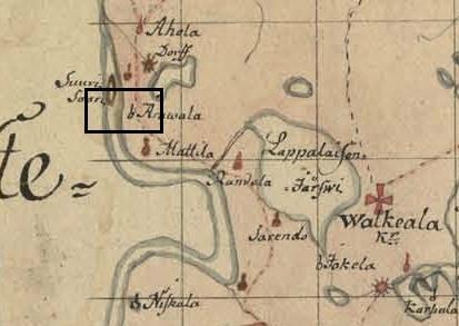 Sen sijaan, vuoden 1876 kartoille merkitty tien linja on selvästi nykyisen Brejelintien kohdalla. Tutkimusalue 1732 vuoden isojakokartalla.