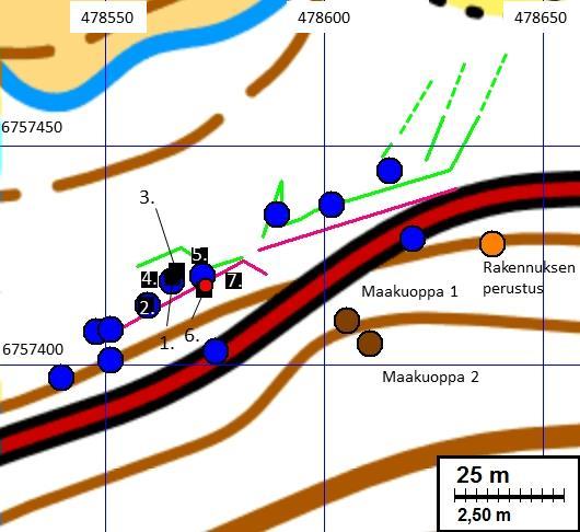 4 Tutkimuksen havainnot. Sininen piste: röykkiö, oranssi piste: rakennuksen perustus, ruskea piste: maakuoppa, musta neliö: koekuoppa, punainen piste: muinaisjäännösrekisterin alakohdepiste (huom.