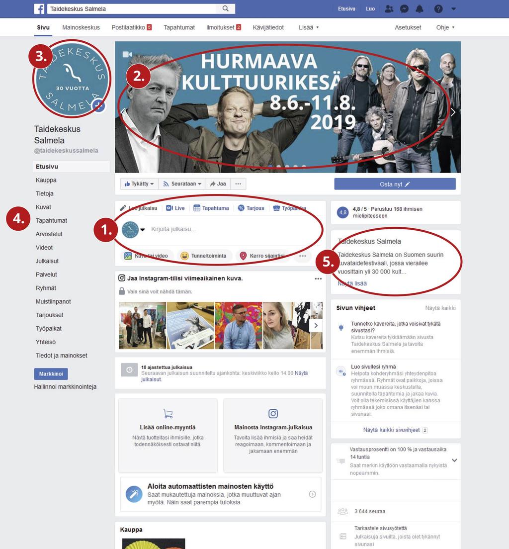 6 4 YRITYSSIVU Kuva 1. Kuvassa 1 näkyy yrityssivustn etusivu. Tässä esimerkkinä Taidekeskus Salmelan Facebk-sivu. Khta 1. n kenttä, jhn vi kirjittaa haluamansa pstauksen.