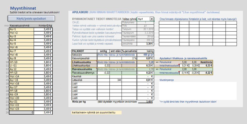 emulli2 2019 ohje 18.3.2019 12 Kuva 9 Myyntihintojen apulaskuri Vasemmanpuoleinen taulukko on aina näkyvissä ja siihen syötetään teuraseläimen arvioitu myyntihinta teuraspainokiloa kohti.