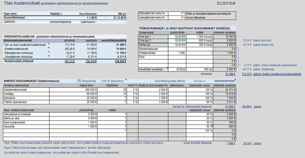 emulli2 2019 ohje 18.3.2019 14 8 Kustannukset Kustannuksissa syötetään koko karjalle yhteisiä kustannuksia (kuva 11). Kuva 11. Kustannukset. Kuvan vasemmassa laidassa on kustannusten yhteenvetolaskelma sinisellä taustalla.