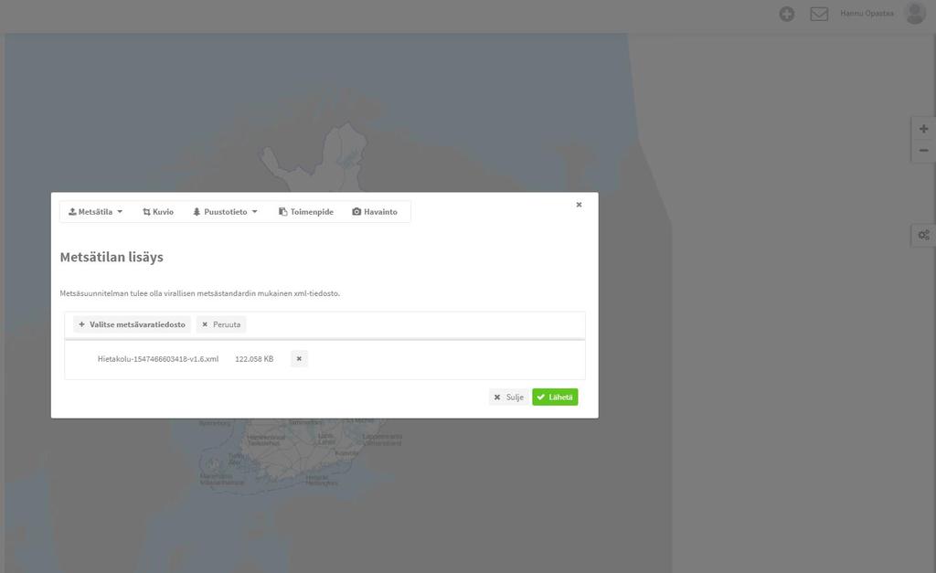 Valmiin metsävaratiedon lisääminen Valmis metsävaratieto tuodaan palveluun XMLtiedostona. Valitse haluamasi metsävaratiedosto tietokoneelta.