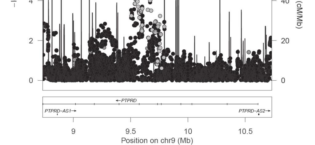 Fig. 14. Regional association plot. The chromosomal position is indicated on the x-axis and the negative logarithm of the p-value is presented on the y-axis.