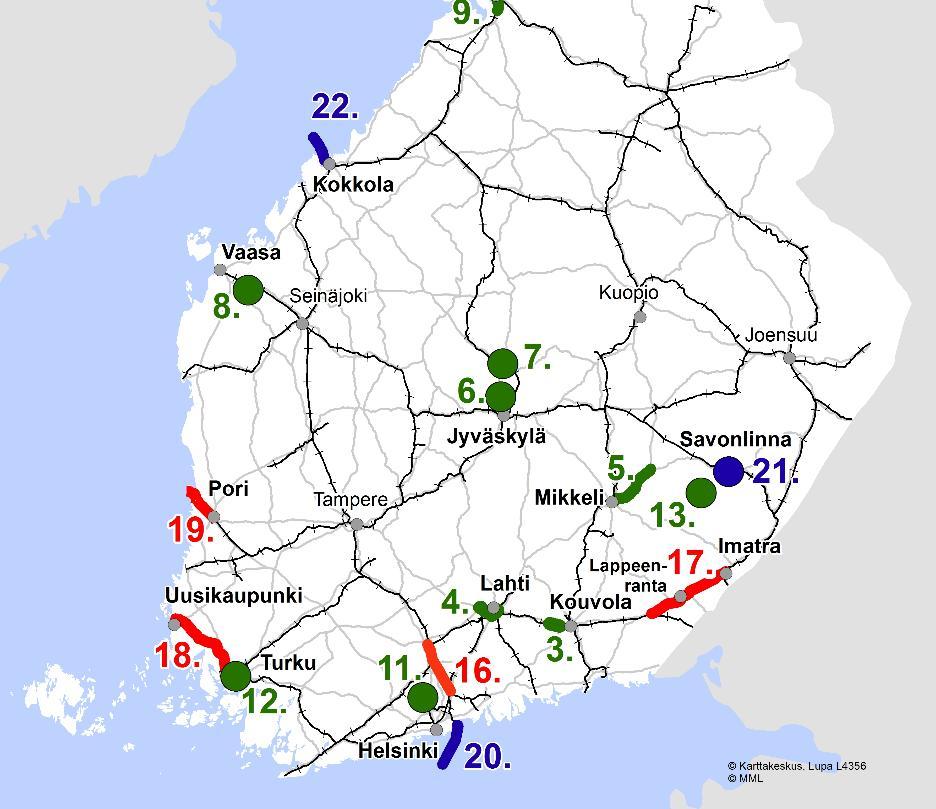 Äänekosken biotuotetehtaan liikenneyhteydet 8. Vt 3 Tampere-Vaasa, Laihian kohta 1. vaihe 9. Hailuodon kiinteä yhteys 10.