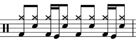Käsijärjestyksenä käytän flam paradiddle rudimenttia siten, että flamin aksentoitu isku soitetaan symbaaliin/symbaaleihin.
