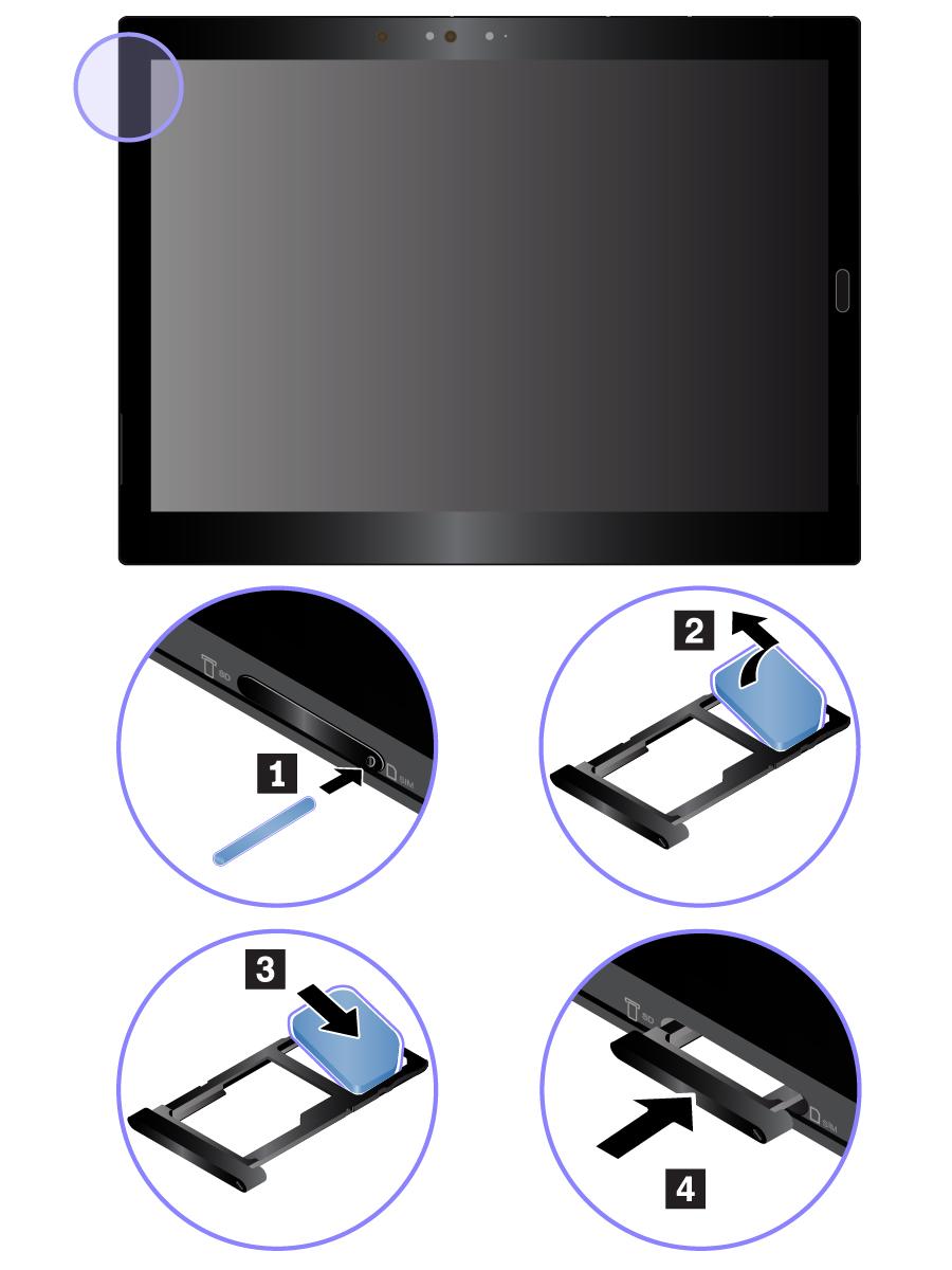 2. Aseta uusi nano-sim-kortti korttipaikkaan siten, että metalliset kosketuspinnat ovat alaspäin 3. Aseta nano-sim- tai microsd-korttipaikka tietokoneeseen niin, että se napsahtaa paikalleen 4.