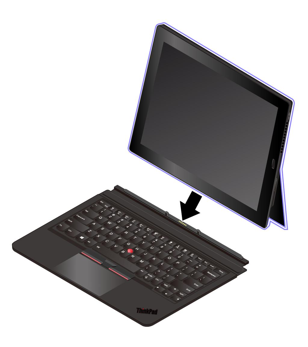 Thin Keyboard -näppäimistön liittäminen tietokoneeseen Thin Keyboard -näppäimistö kiinnittyy tietokoneeseen magneettisesti kuvan osoittamalla tavalla, kun näppäimistö ja taulutietokone tuodaan